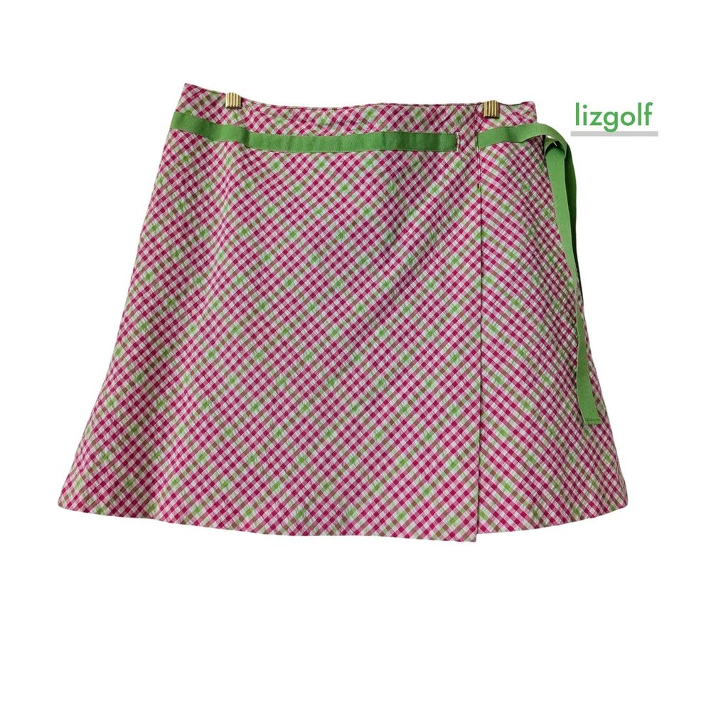 LizGolf Pink Green Gingham Wrap Golf Skort Skirt Shorts Size 12 Stretch